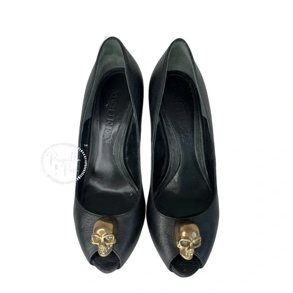 Alexander McQueen Skull Peep Toe Pumps Gold Skull Crystals Black Leather - Picture 8 of 15